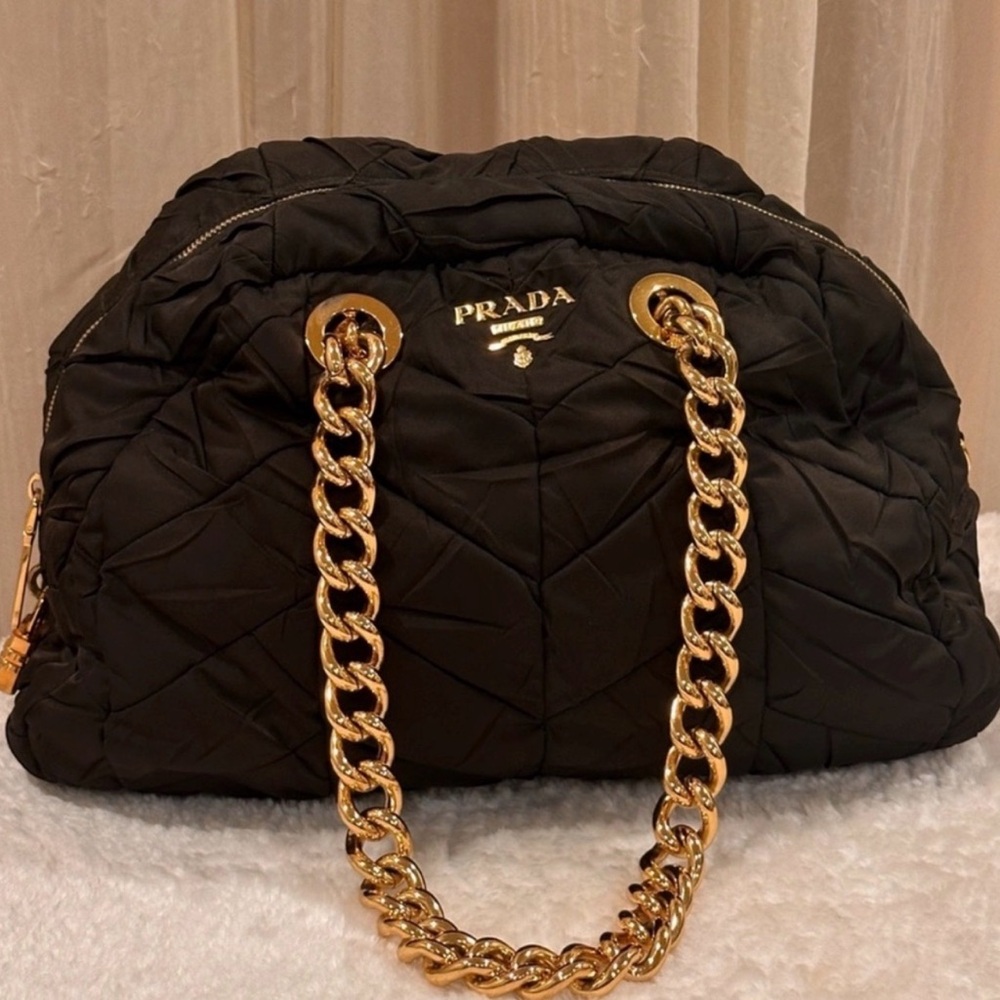 Prada Black Quilted Nylon Shoulder Bag with Gold Chain Strap
